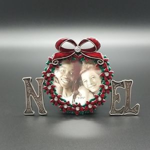 Vintage Pewter NOEL with Red and Green Poinsettias Picture Frame
